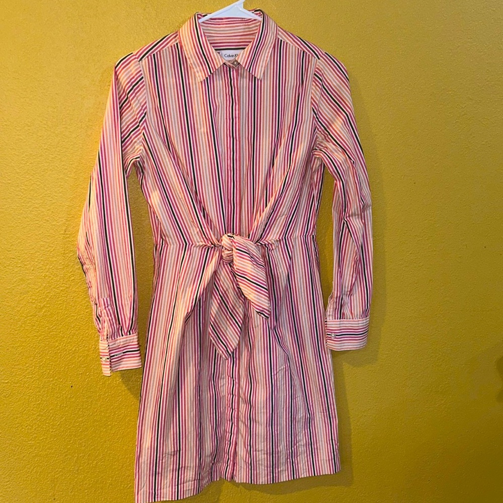 Calvin Klein Striped Shirtdress Front Tie Sz 2